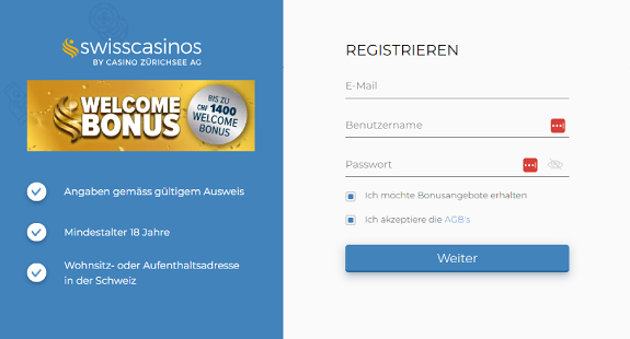 SwissCasinos Registrierung