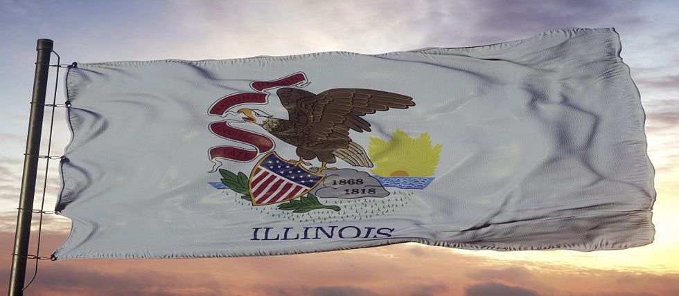 The Illinois state flag flying in the wind