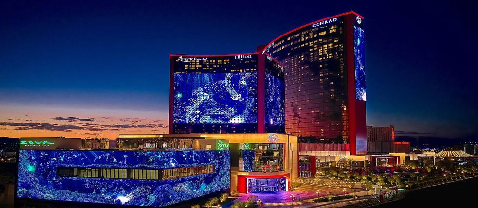 The Resorts World Las Vegas resort at night