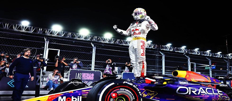 Max Verstappen celebrates winning the Las Vegas Grand Prix